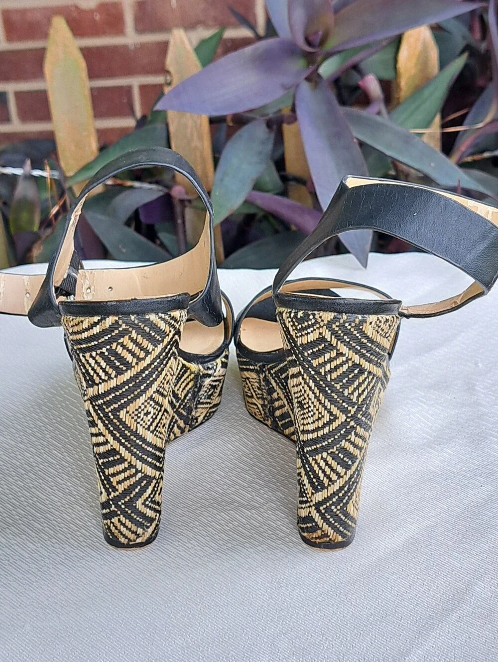 Shoe Dazzle Black Strappy Wedge Sandals with Patterned Platform